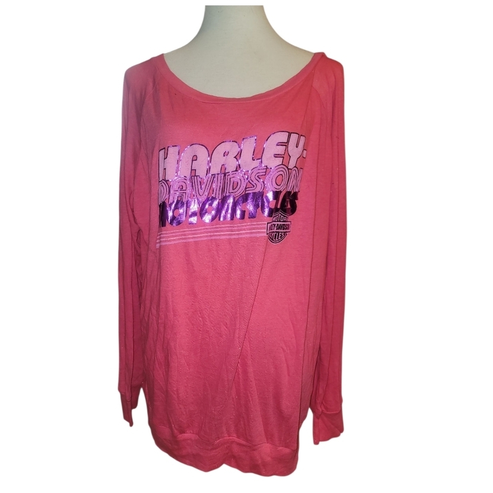 Harley Davidson tee pink purple shirt long sleeve scoop neck  t-shirt L cotton